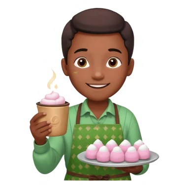 A young black vendor boy with pink cheeks, holding a tray of marshmallow-topped cocoa wearign green patterned apron sticker