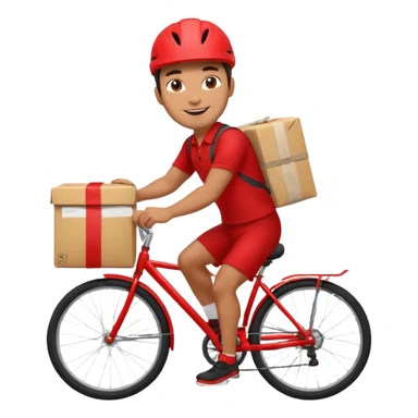 male delivery worker in a bright red dress cycling, holding a parcel sticker