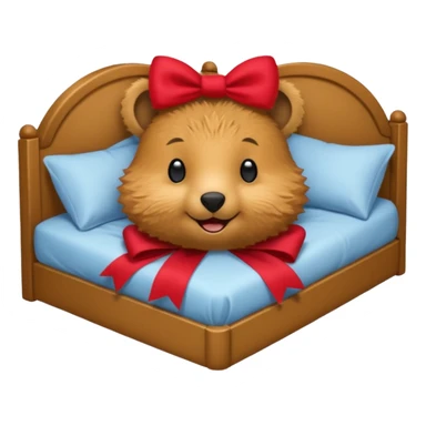 Quokka in a bed with a bow sticker