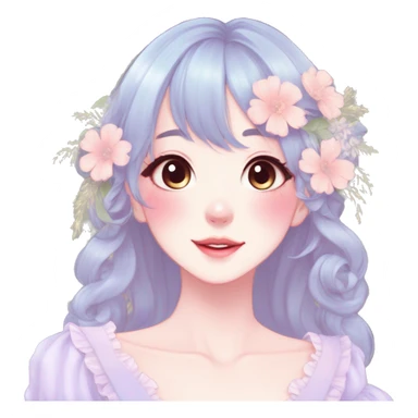Gorgeous pastel anime style lady with blushing face and flowers cottagecore fairycore pastelcore colorful pearly romantic simplistic aesthetic trending style sticker