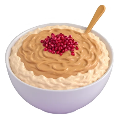 bowl of creamy oatmeal topped with swirls of peanut butter, shredded coconut, and ruby red pomegranate seeds sticker