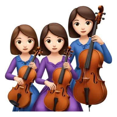 Create an imagine of three brunette women playing string instruments, the first is playing a cello, the second is playing a viola and the third is playing the violin sticker