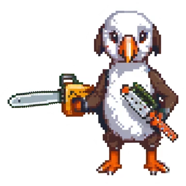 a puffin with a chainsaw, pixel art style sticker