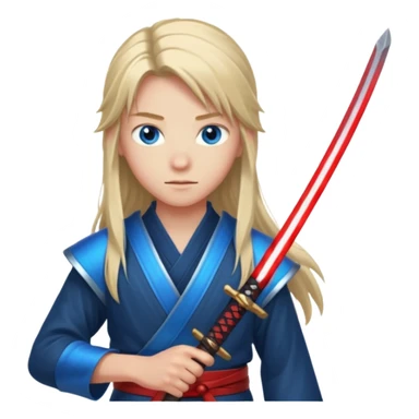 A 14 year old with red glowing katana and his hair be long and eye colour of blue with beautiful background sticker
