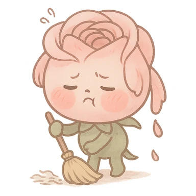 soft pink rose, chibi round style, puffed cheeks, exhausted expression, sweeping the floor, drooping petals, pastel tones, full-body sticker