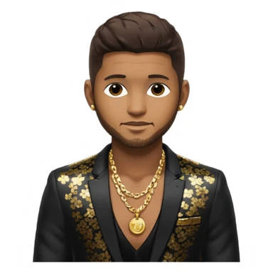 Usher with dark brown hair, black sequin suit jacket, shirtless with necklace sticker
