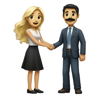 blonde woman shaking hands with dark hair dark eyed man with mustache  sticker