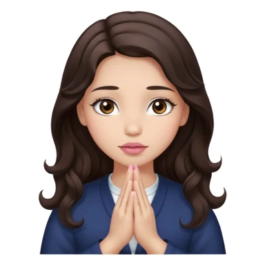 girl with wavy long glamorous dark brown hair, brown eyes, light to medium complexion, long lashes, light pink lipstick, praying sticker