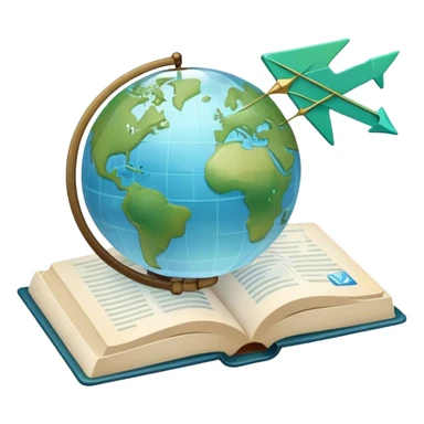 Create an emoji representing language translation. The design should feature an open book or a document with text in multiple languages (e.g., English, Spanish, Chinese), and a translation icon (such as an arrow between two languages) to symbolize the process of converting text. Include elements like a globe or a speech bubble to represent global communication. Use clear, simple lines and a color palette with blues, greens, and subtle neutral tones to convey the idea of clarity and understanding. Make the background transparent. sticker