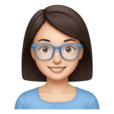 mujer de 30 años, cabello marron oscuro, anteojos cuadrados BLANCOS, top celeste escote cuadrado, piel blanca, cara redonda sticker