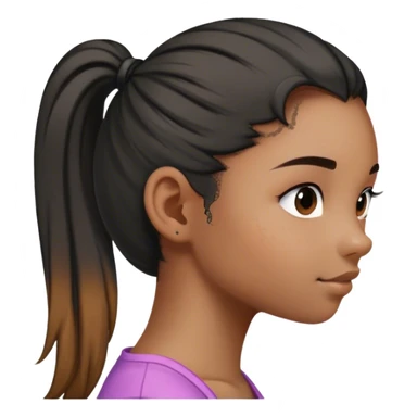 A drawing of a girl with her hair in a ponytail and she has hyerpigmentaton on her cheek sde profileher hair in ponytail is blak to whit sticker