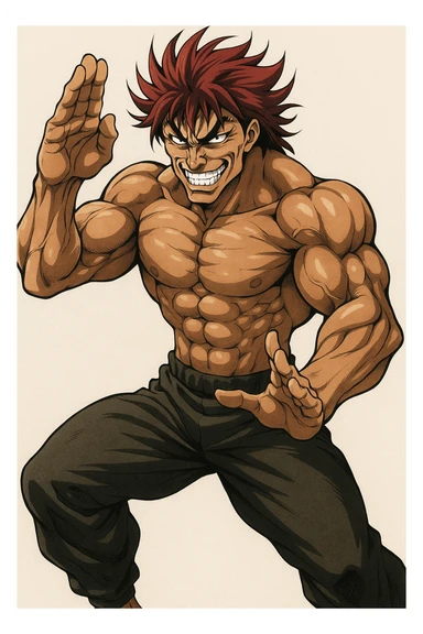 Yujiro Hanma, muscular anime character with red spiky hair, menacing grin, martial arts pose, style 2 sticker