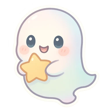 pastel ghost, chibi style, soft colors, blushing cheeks, floating, friendly expression, big eyes, holding a star sticker