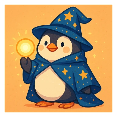 chubby penguin wizard with starry cloak and glowing orb, soft rounded illustration style sticker