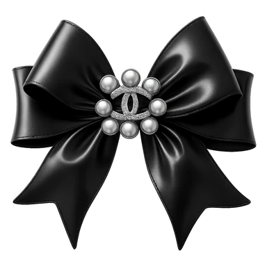 Add a solid white background behind an elegant bow with pearls and a gold Chanel logo, in a glossy, black and white, realistic style with soft reflections and highlights. sticker