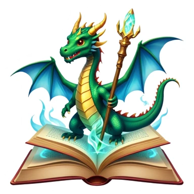 Icon for Fantasy and Sci-Fi Literature: a magical book with glowing pages, surrounded by a dragon, a spaceship, and a wizard with a staff. The icon should capture the adventurous and imaginative world of fantasy and science fiction. Transparent background. sticker