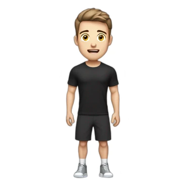 amazed Open with surprise mouth Pale skinned Fit Man With the biceps and dark brown hair in black shirt, gray sports shorts and white Sneakers sticker