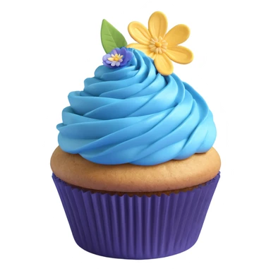 A 3D iOS-style blueberry cupcake with a blue frosting swirl, a single blueberry on top, and a small flower decoration, based on the reference image. The cupcake should have a blue wrapper and a golden-brown base, with a light shadow underneath. sticker