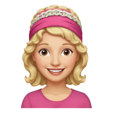 emoji of a woman in her 50s, curly blonde hair, wearing a headband, warm smile sticker