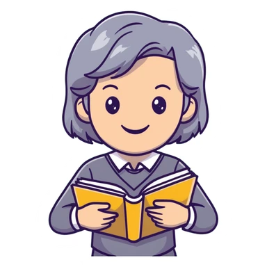 smiling English teacher with airtouch hair and grey-green eyes holding books and teaching materials sticker
