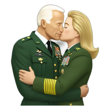 Vladimir Zelenskiy in green military clothes kissing by Joe Biden in classic suit sticker
