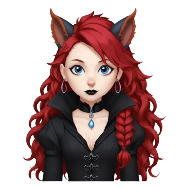  long curly red hair (darker), red pointed ears with black trim, black goth outfits, body and face human, blue eyes, more pointy chin, black lipstick, big fluffy red squirrel tail with black tips, like the attached photo with more outfits and poses,  sticker