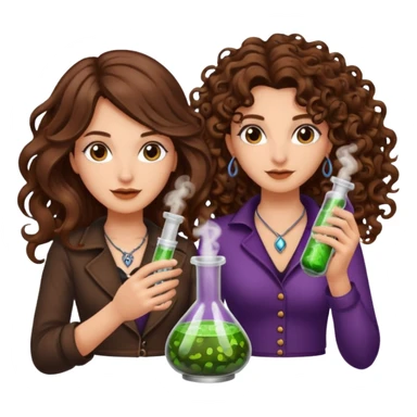 potion combo success — long wavy brown hair tattooed woman and short tight curly brown hair woman — vial connect sticker