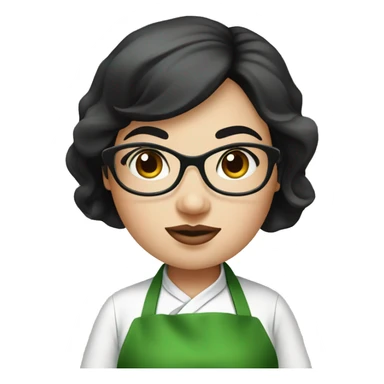 chubby lady with black hair and big eyes green apron  with glasses cooking  sticker
