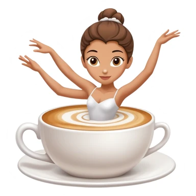 Ballerina dancer emerging from cappuccino foam, graceful pose, coffee cup sticker