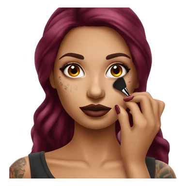 Beautiful tattooed burgundy long haired woman doing her makeup sticker