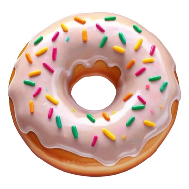 Cinematic Realistic Donut Dessert Emoji, depicted as a fluffy glazed donut with colorful sprinkles rendered with detailed textures and playful, warm lighting. sticker