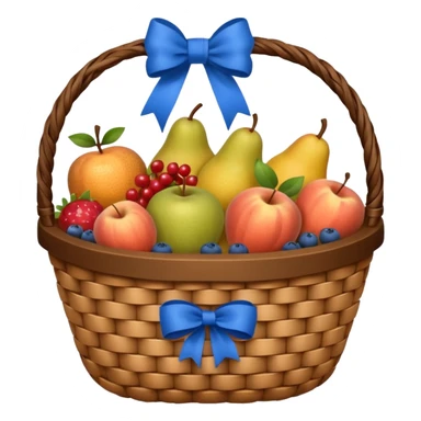 A basket with a blue ribbon on the handle sticker