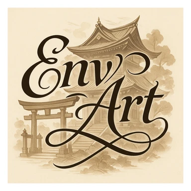 The words 'Env Art' in a calligraphic style, with a stylized Shinto shrine in the background, elegant and artistic, balanced layout. sticker