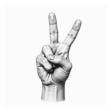 close-up, realistic drawing of a hand demonstrating the sign for the letter R in sign language, with crossed fingers, visible skin texture sticker