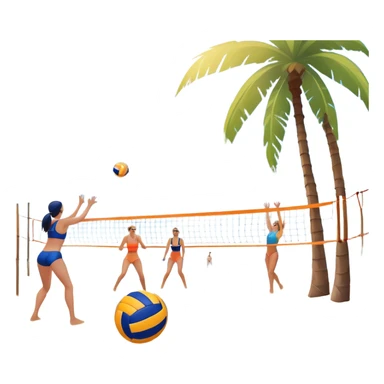 A volleyball resting on the orange sand of a beach, with a volleyball net in the background. The scene includes a beautiful beach landscape with blue sea, sky, and palm trees, while a couple of women in swimsuits play in the distance, capturing the relaxed yet competitive vibe of beach volleyball. sticker