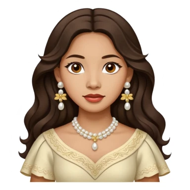 Tan Filipino woman with dark brown eyes and long dark wavy hair parted in the middle wearing a traditional filipiniana and white pearl stud earrings and no other jewelry sticker