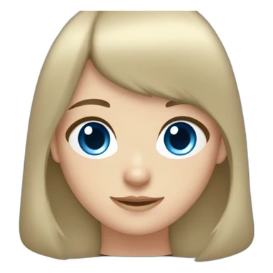 girl with long dark brown hair, thick bangs, blue eyes, red school uniform sticker