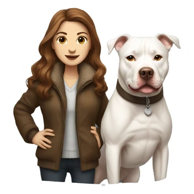 white woman with long brown hair in a furry jacket standing alongside a white pitbull sticker