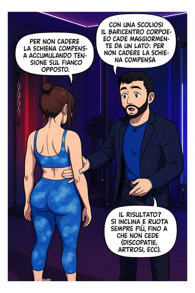 fai questa immagine in versione manga/webtoon a colori, il manga mostra la donna di spalle, mentre l'uomo le tocca la spina dorsale per spiegarle come funziona la scoliosi:
Con una scoliosi il baricentro corporeo cade maggiormente da un lato; per non cadere la schiena compensa accumulando tensione sul fianco opposto.
Il risultato? Si inclina e ruota sempre più, fino a che non cede (discopatie, artrosi, ecc) sticker