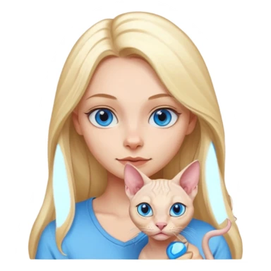 blonde girl with long hair and blue eyes and a sphynx cat sitting together, emoji style sticker
