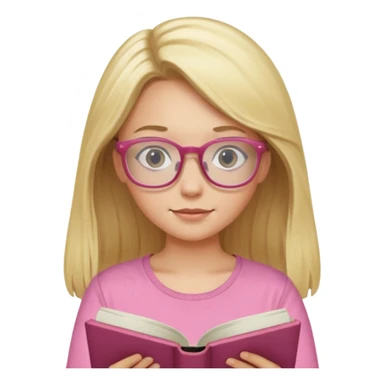 long hair blonde girl pink top with glasses reading sticker