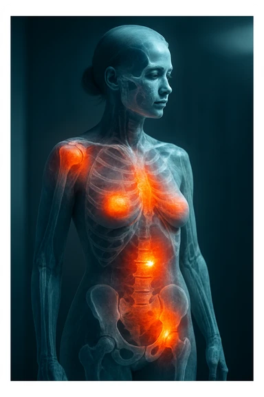3D medical scanner view of female body with realistically highlighted inflamed areas in red and orange, anatomical details, dramatic clinical lighting, medical atmosphere, 2:3 aspect ratio sticker