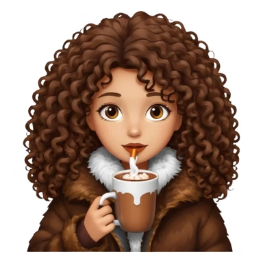 tanned girl with long brown curly hair, drinking hot chocolate , wearing oversized fur jacket sticker