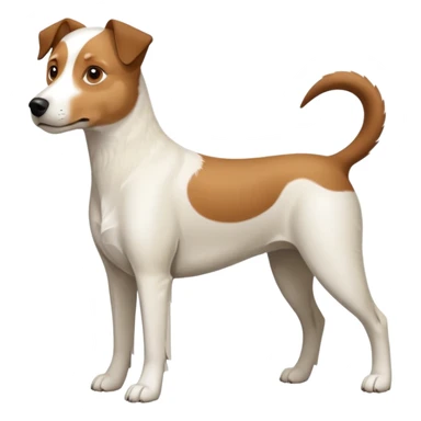 a full body large white parson russell looking dog the size of a kelpie with light brown flapped down ears and a light brown patch on one eye and a large snout sticker