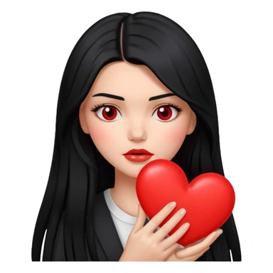A Kendall Jenner with long black hair is sad and holds a red heart in her hands sticker