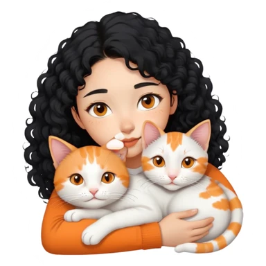 Asian girl with curly black hair and the cat is lying on her shoulder, cat is mostly white with orange markings, tender moment sticker