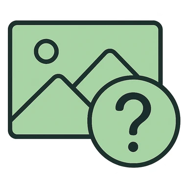 minimal image placeholder icon, light green color, large question mark overlay sticker