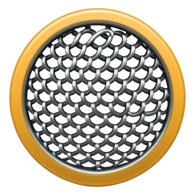 3D render of Speaker Grille, made of interlocking chainmail metal rings, wire mesh texture, visible holes and negative space, metallic silver and grey, high contrast shadows, emoji style, isolated on white background --v 6.0. sticker
