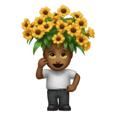 emoji triste segurando um buque de flores com corações quebrados de cor pretos em volta sticker