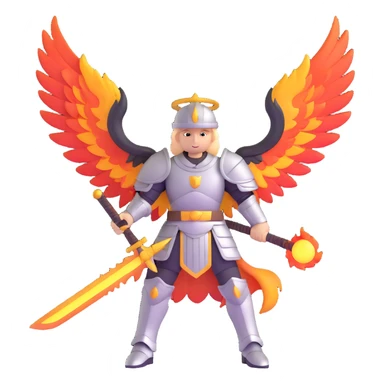 Archangel Michael in armor with flaming sword and large wings sticker